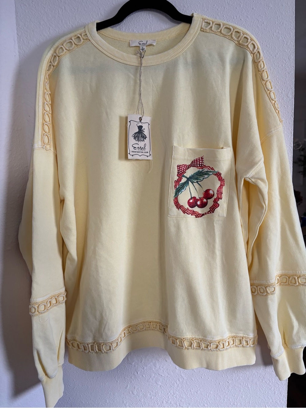 easel Light Yellow Crewneck Sweater with Cherry Pocket